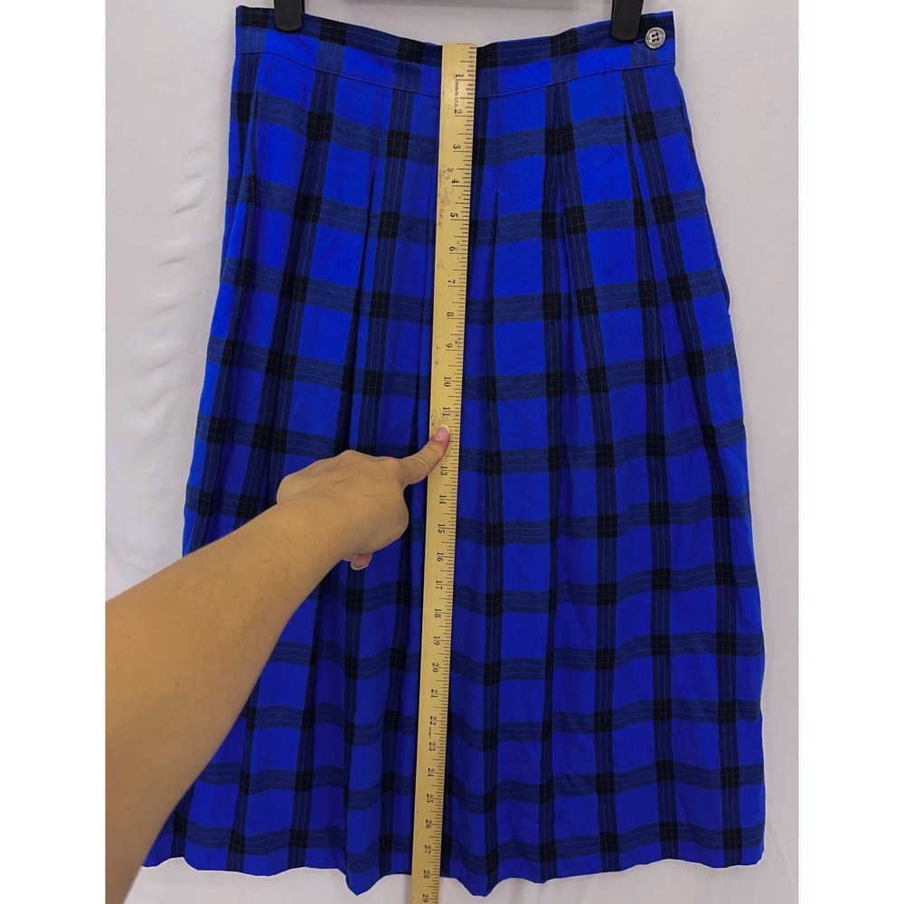 Hathaway 90s Blue Plaid Pleated Midi Skirt 8 Vintage Side Pocket - Picture 7 of 7